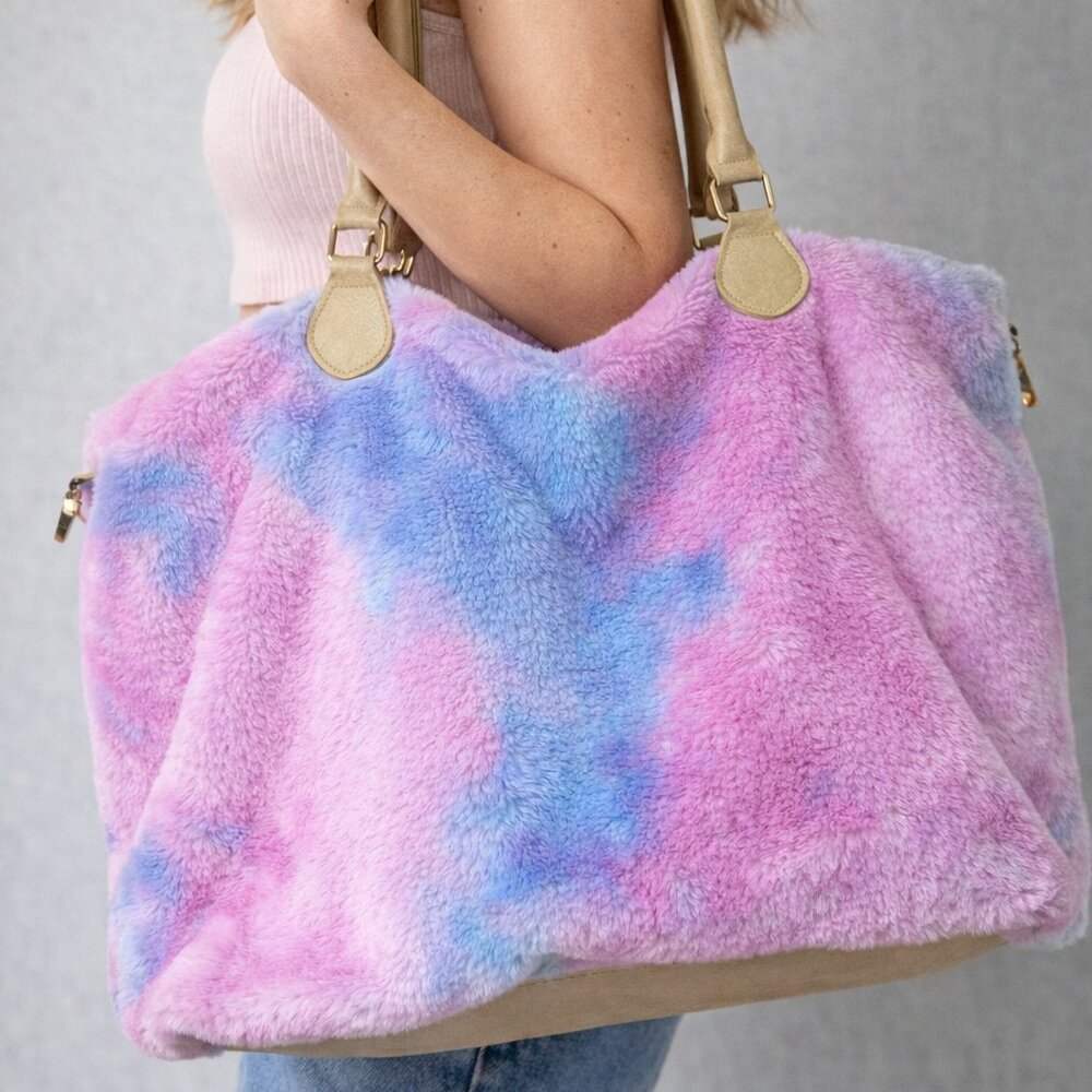 Pastel Tie Dye Fuzzy Tote‎ Bag Pink Blue Plush Cozy Shoulder Bag